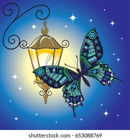 Vector image of a beautiful swallowtail in the evening flies to the light of a lantern