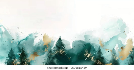 Vector image of beautiful watercolor painting of a winter landscape. Gentle waves of glistening snow, a sense of tranquility and peace. For use in a variety of projects, including holiday cards