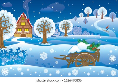 Vector image of a beautiful winter landscape with a country house, snow-covered garden cart, trees and snowflakes