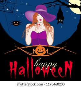 The vector image of the beautiful witch against the background of the moon, a bat and a spider. Cheerful Jack. Happy Halloween. Holiday october 31. Poster of a night party. Vector color illustration.
