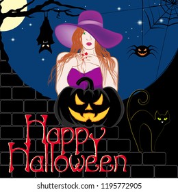 Vector image of the beautiful witch against background of the moon, tree, bat, spider and cat. Cheerful Jack. Happy Halloween. Holiday october 31. Poster of a night party. Vector color illustration.