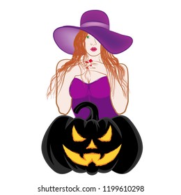Vector image of the beautiful witch and the laughing pumpkin on a white background. Cheerful Jack. Pretty woman. Isolated holiday Halloween symbols. October 31. Vector color illustration.