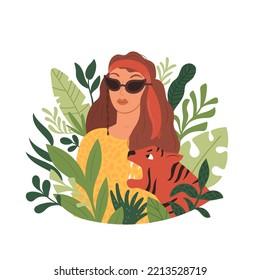 vector image of a beautiful woman surrounded with jungle leaves and tiger, an exotic girl wearing sunglasses