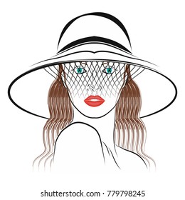 Vector image of a beautiful woman's face hidden by a hat and veil. Vector color illustration.