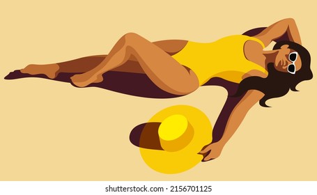 Vector Image Of A Beautiful Young Tanned Girl In A Yellow Swimsuit Is Sunbathing On The Beach In Sunglasses And With Hair Scattered On The Sand. Useful For Summer Holidays, Resorts, Beaches, Vacations