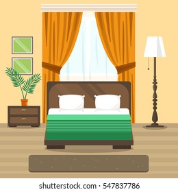 Vector image. Bedroom interior with furniture and flower. Flat design. Cozy room