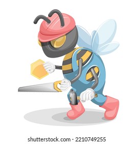 Imagen vectorial de una abeja en uniforme de construcción con herramientas. Estilo de caricatura. Aislado sobre fondo blanco. EPS 10