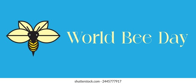 Vector image of a bee on a light blue background with the text World Bee Day written on it. Illustrations vector.