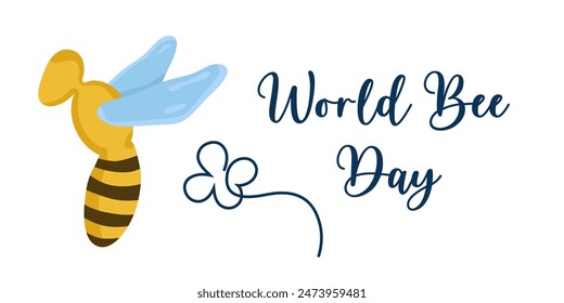 Vector image of a bee. World Bee Day. Vector illustration template for logo, banner, poster design. Color illustration with insect and text