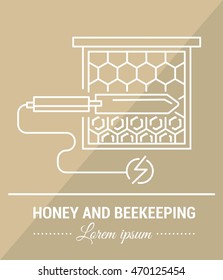 Vector image of beekeeping electric knife to work honeycombs in a linear design on vintage background.