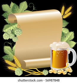Vector Image beer in the background of the roll of gold paper and hop