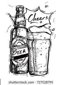 Vector Image Of A Beer Bottle And Mug Of Beer.Hand Drawing.