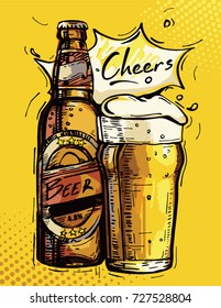 Vector image of a beer bottle and mug of beer.Hand drawing.