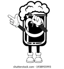 Vector image of beer glass with smile and hand pointing sideways.