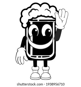 Vector image of a beer glass with a smile and a coded hand say hello.
