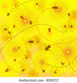 Vector image of bees buzzing around dandelions