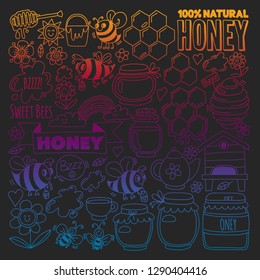 Vector image of bees, organic farm honey. Pattern with summer flowers. Healthy food.