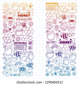 Vector image of bees, organic farm honey. Pattern with summer flowers. Healthy food.