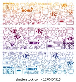 Vector image of bees, organic farm honey. Pattern with summer flowers. Healthy food.