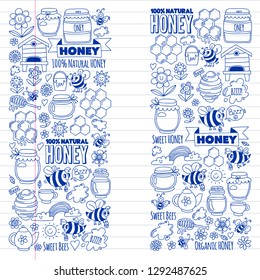 Vector image of bees, organic farm honey. Pattern with summer flowers. Healthy food.