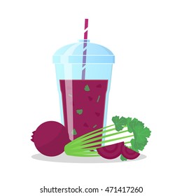 Vector image of beetroot smoothie with different greens in a glass with a straw. Wellness and healthy lifestyle.