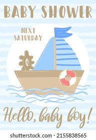 Vector image of a beige boat and sail with the inscription Baby Shower on a striped blue background. Illustration on the sea theme for a boy sailor. Invitation card template for a holiday, birthday