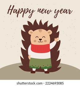 Vector image of a beige-colored with the image of a cute hedgehog, with the text happy new year.