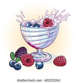 Vector image of berries yogurt with raspberries, blackberries, blueberries