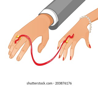 Vector image of betrothal ceremony with red ribbon , eps10 