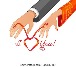 Vector image of betrothal ceremony with red ribbon , eps10 