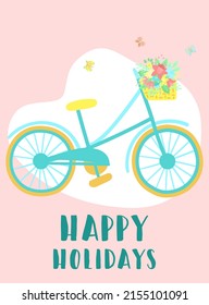 Vector image of a bicycle with basket, flowers and butterflies on a pink background. Hand-drawn Easter illustration of a bike for spring happy holidays, summer, greeting card, poster, banner, child