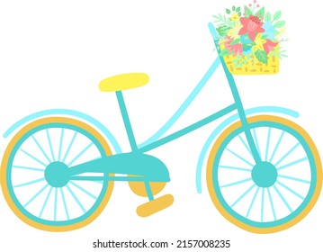 Vector image of a bicycle with basket and flowers on a white background. Hand-drawn Easter illustration of a bike for spring holiday, summer, print, greeting card, poster, banner, child, baby shower
