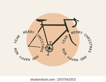 Vector image of a bicycle with Merry Christmas and Happy New Year instead of wheels.