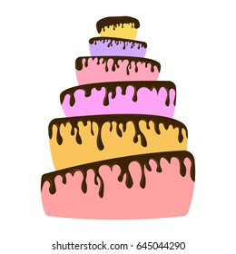 Vector image of a big beautiful cake. Multi layer cake drizzled with chocolate Colorful tasty cake