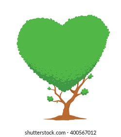 Vector image of big green tree in the shape of the heart symbol. Tree with green leaves. Green foliage of the tree in the shape of a heart. Love, relationships. Valentine's Day. Vector illustration.