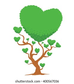 Vector image of big green tree in the shape of heart symbols. Tree with green leaves. Green foliage of tree in the shape of a big heart and a lot of little hearts. Valentine's Day. Vector illustration