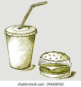 Vector image. Big hamburger and soda