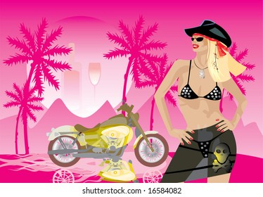 imagen vectorial de bikergirl con sombrero de vaquero negro