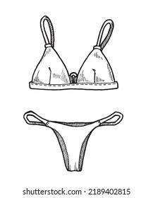 traje de baño bikini de imagen vectorial, gráficos en blanco y negro al estilo de un dibujo sobre el tema de las vacaciones de verano, para emboscar y colorear, pegatina, logotipo, etiqueta