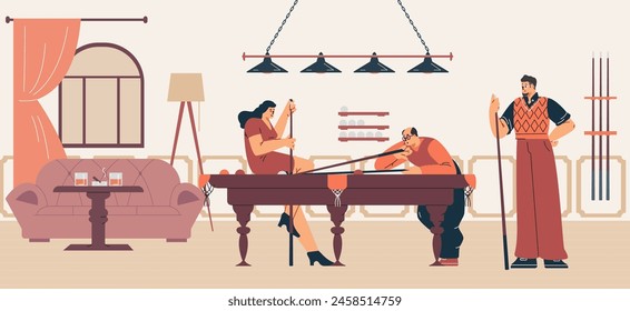 Vector image of a billiard room with players, a pool table and a sofa for relaxing. Suitable for themed banners of sports clubs or casinos. Flat cartoon style.