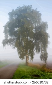 vector image of a birch tree in fog
