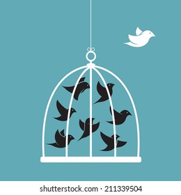 Vector image of a bird in the cage and outside the cage. Freedom concept