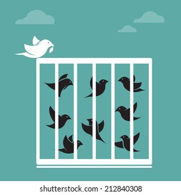 Vector image of a bird in the cage and outside the cage. Freedom concept