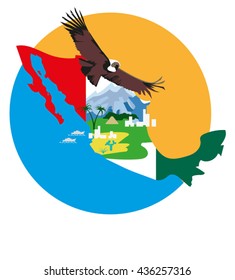Vector image of a bird condor on the background of  the map  and  elements of the Mexican landscape