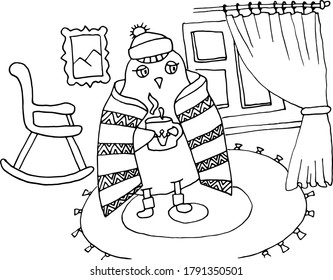 vector image of a bird drinking tea in a room