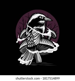 Vector image of a bird standing on a mushroom