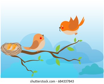 Vector image of an birds family in love with sky and fluffy clouds  background.