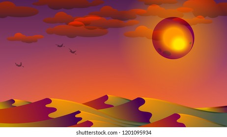 vector image of birds flying over the desert against the backdrop of a huge sun