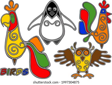 Vector image of birds in the form of a gingerbread on a white background. Decorative drawing of a bird