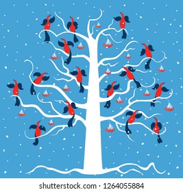 Vector image of the birds on a frozen tree